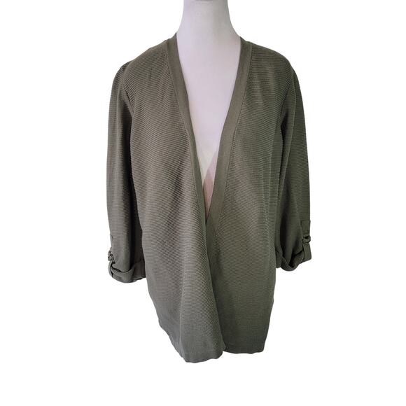 Chico's Size 2 US L Textured Tab-Sleeve Cardigan Olive Green Open Front Casual - Picture 1 of 8